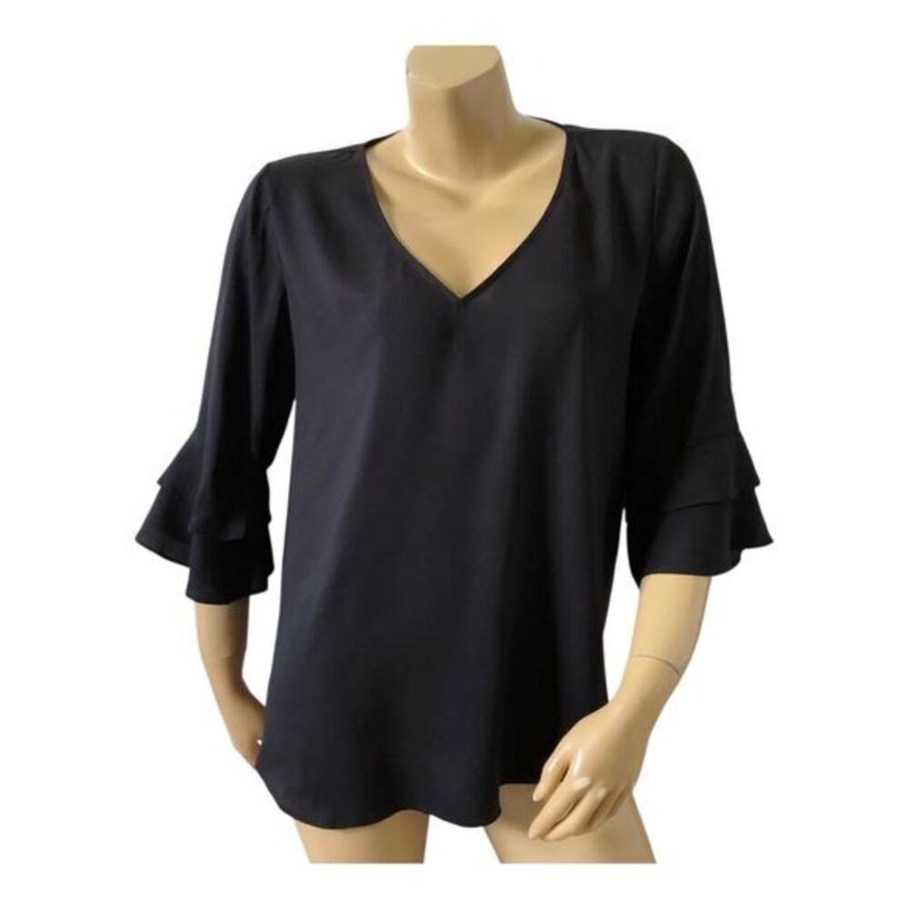 Ann Taylor Blouse Womens Medium Black V Neck Bell Sleeve Career Top Lightweight